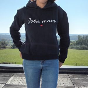 Pull sweat chaud inscription « Jolie Mom » bleu marine