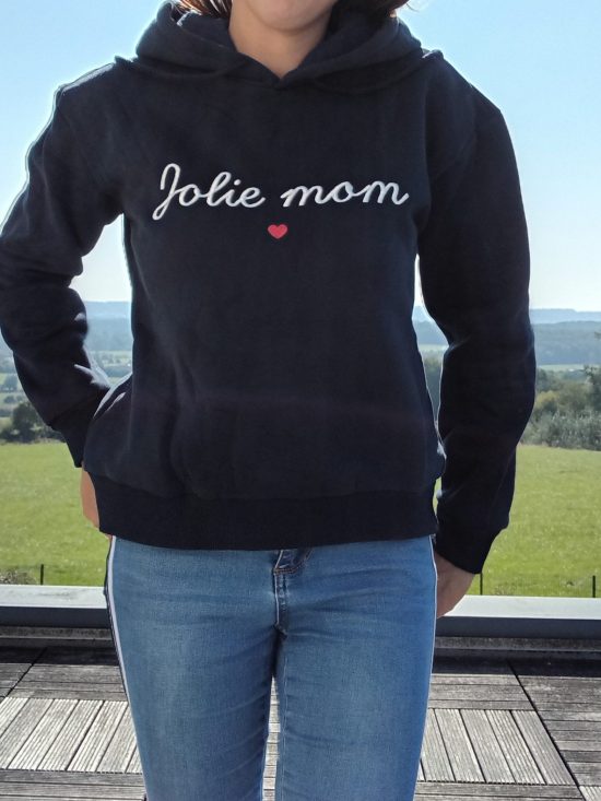 Pull sweat chaud inscription « Jolie Mom » bleu marine