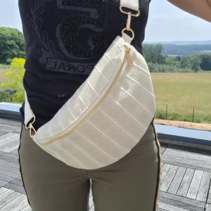 Sac banane en coton tissu bohème beige à rayures blanc doré