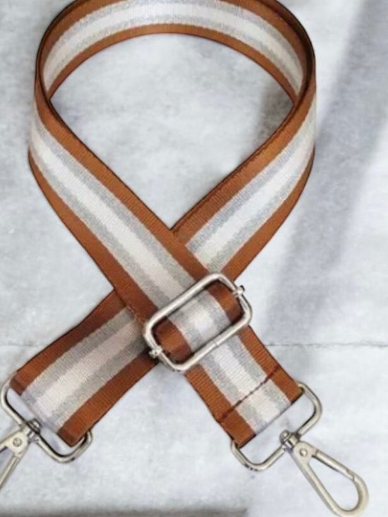 Bandoulière rayée marron camel et argenté mousquetons argentés - Le Petit Placard