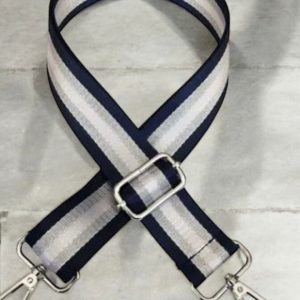 Bandoulière sangle de sac rayée bleu marine et grise argentée mousquetons argentés - Le Petit Placard