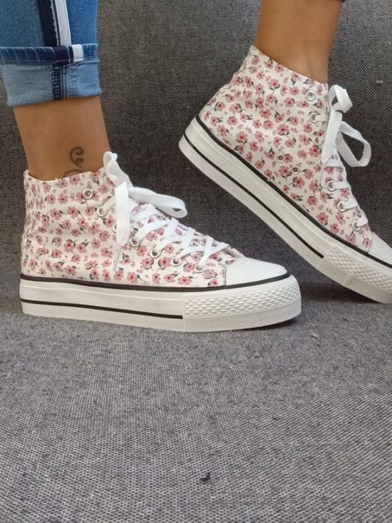 Baskets hautes motifs liberty fleurs roses en tissu type converse - Le Petit Placard