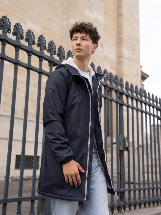 Laura Jo - Manteau imperméable bleu marine HOMME fourré long, doublé en sherpa blanc - Le Petit Placard