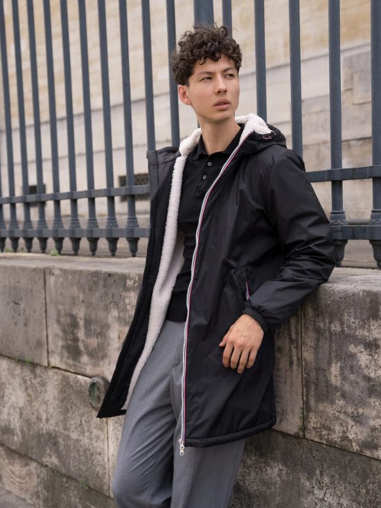 Laura Jo - Manteau imperméable noir HOMME fourré long, doublé en sherpa blanc - Le Petit Placard