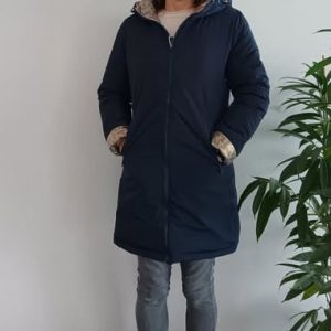 Melya Melody - Manteau long réversible et imperméable matelassé bleu marine/léopard - Le Petit Placard