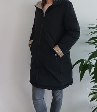 Melya Melody - Manteau long réversible et imperméable matelassé noir/léopard - Le Petit Placard