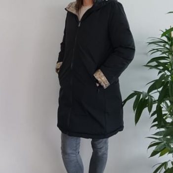 Melya Melody - Manteau long réversible et imperméable matelassé noir/léopard - Le Petit Placard