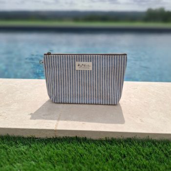 Pochette trousse en tissu imperméabilisé bleu marine et blanc