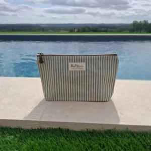 Pochette trousse en tissu imperméabilisé vert d’eau et blanc