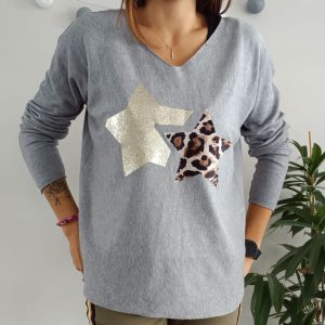 Pull maille gris clair à étoiles léopard et doré - Le Petit Placard