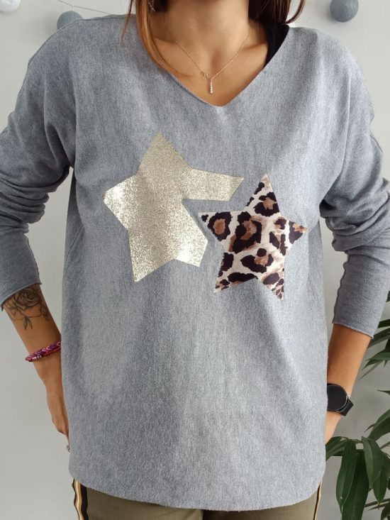 Pull maille gris clair à étoiles léopard et doré - Le Petit Placard