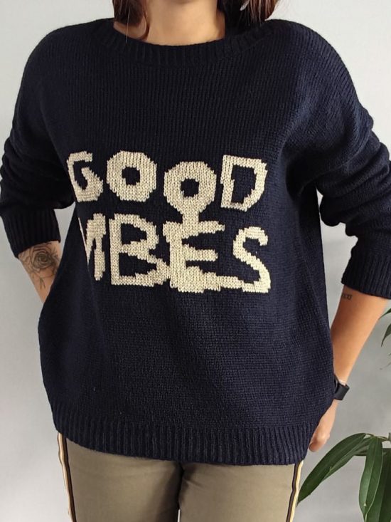 Pull mailles bleu marine inscription “good vibes” doré - Le Petit Placard