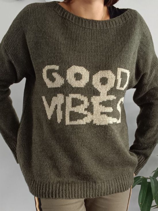 Pull mailles kaki inscription “good vibes” doré - Le Petit Placard