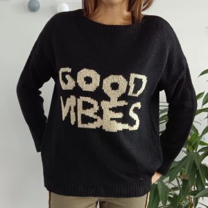 Pull mailles noir inscription “good vibes” doré - Le Petit Placard