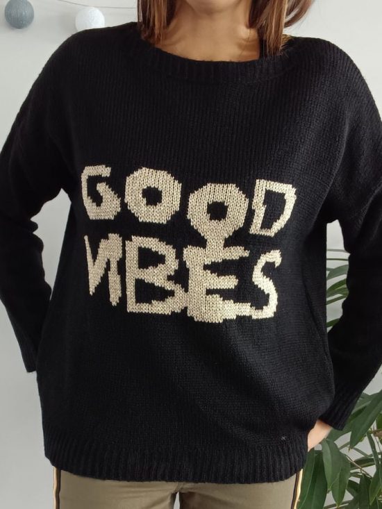 Pull mailles noir inscription “good vibes” doré - Le Petit Placard