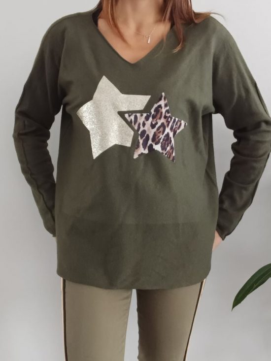 Pull maille vert kaki à étoiles léopard et doré - Le Petit Placard