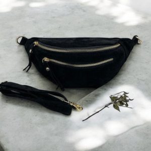 Sac banane croute de cuir velours 2 poches noir - Le Petit Placard