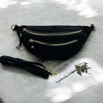 Sac banane croute de cuir velours 2 poches noir - Le Petit Placard