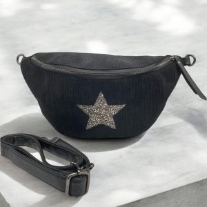 Sac banane noir en velours côtelé avec étoile en strass - Le Petit Placard