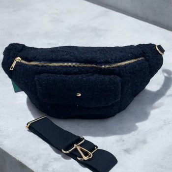 Sac banane peluche moumoute bleu marine brillant 2 poches - Le Petit Placard
