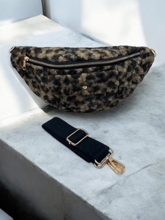 Sac banane peluche moumoute léopard 2 poches - Le Petit Placard