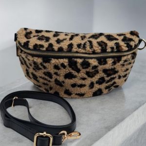 Sac banane peluche moumoute léopard beige bandouliere simili cuir noir - Le Petit Placard