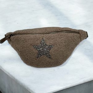 Sac banane peluche moumoute taupe avec étoile en strass - Le Petit Placard