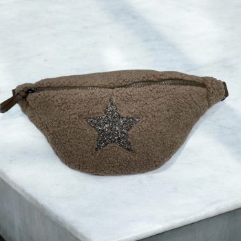 Sac banane peluche moumoute taupe avec étoile en strass - Le Petit Placard