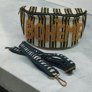 Sac banane tissu et perle inscription 'bohème" noir ecru jaune - Le Petit Placard
