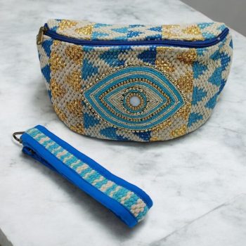 Sac banane tissu et perles bleu écru et jaune - Le Petit Placard