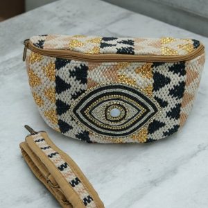 Sac banane tissu et perles noir jaune écru - Le Petit Placard