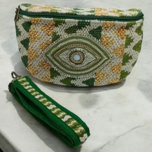 Sac banane tissu et perles vert jaune ecru - Le Petit Placard