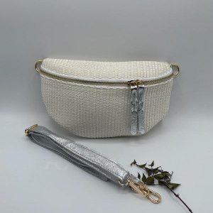 Sac banane tressé bandouliere cuir beige argent - Le Petit Placard