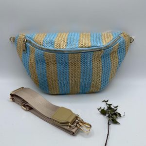 Sac banane tressé raphia beige et bleu - Le Petit Placard