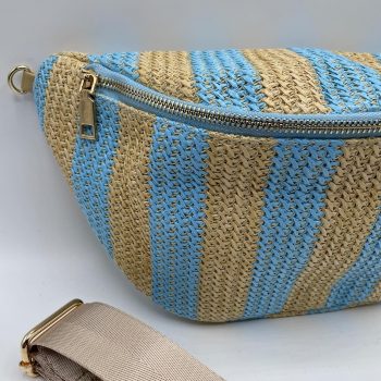 Sac banane tressé raphia beige et bleu