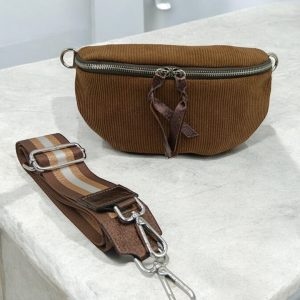 Sac banane velours côtelé 2 curseurs en cuir marron chocolat - Le Petit Placard