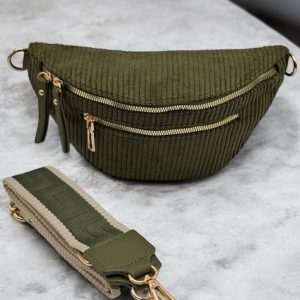 Sac banane velours côtelé 2 poches kaki sangle fantaisie - Le Petit Placard