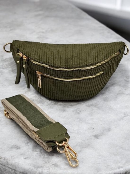 Sac banane velours côtelé 2 poches kaki sangle fantaisie - Le Petit Placard