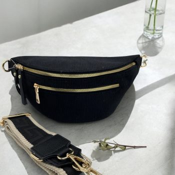 Sac banane velours côtelé 2 poches noir sangle fantaisie
