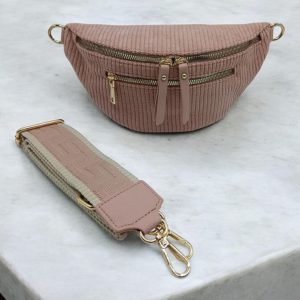 Sac banane velours côtelé 2 poches rose pâle sangle fantaisie