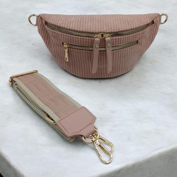 Sac banane velours côtelé 2 poches rose pâle sangle fantaisie