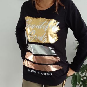 T-shirt en coton noir à manches longues avec design métallisé - Le Petit Placard