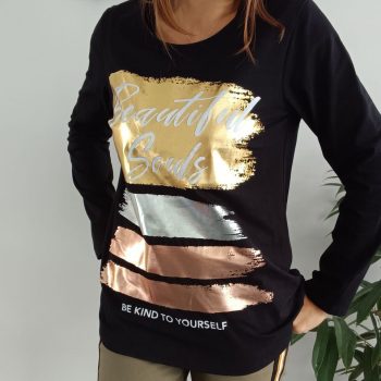 T-shirt en coton noir à manches longues avec design métallisé - Le Petit Placard