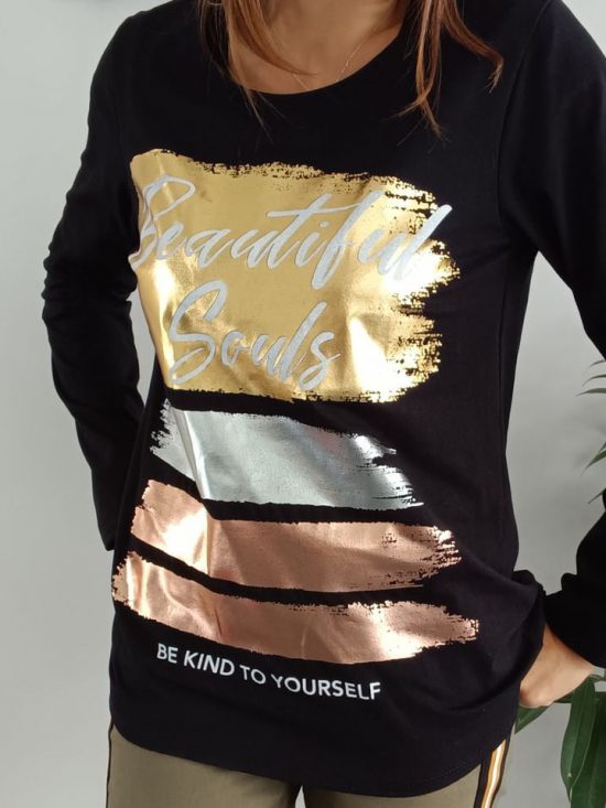 T-shirt en coton noir à manches longues avec design métallisé - Le Petit Placard