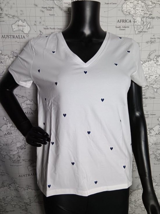 T-shirt manches courtes blanc cœurs brodés bleu marine - Le Petit Placard