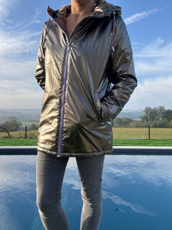 Manteau imperméable mi long fourré en fausse fourrure gold bronze