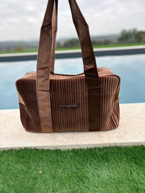 Sac week-end de voyage polochon velours matelassé marron