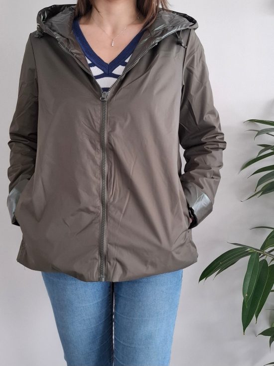 Laura Jo - Parka réversible court avec garnissage ouate couleur kaki/kaki brillant zip uni