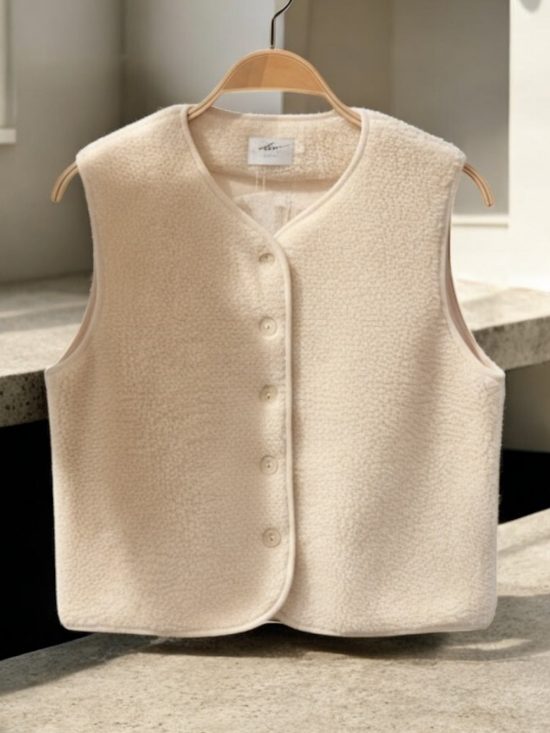 Veste gilet peluche moumoute sans manches beige écru