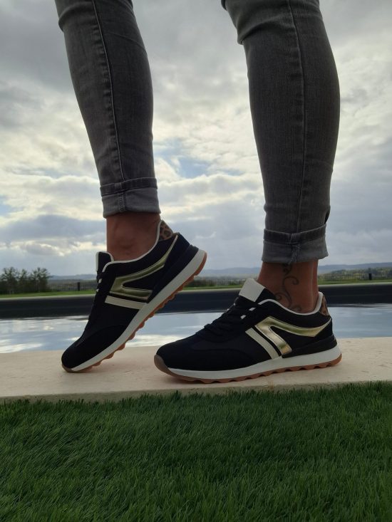 Chaussures baskets basses noir doré style sneakers campus